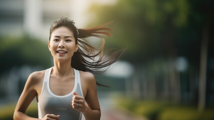 concept of a healthy, active lifestyle as a beautiful Asian woman engages in outdoor fitness activities like running, yoga, and jogging while staying hydrated and feeling relaxed - obrazy, fototapety, plakaty