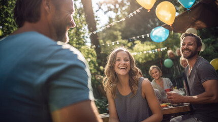 Happy family dancing on party at their home backyard