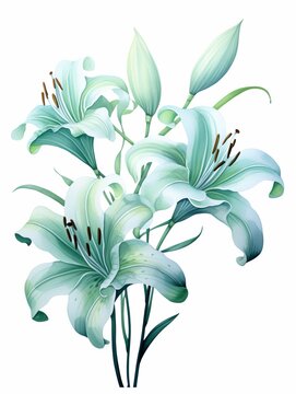 abstract mint green lily flowers painting isolated on white