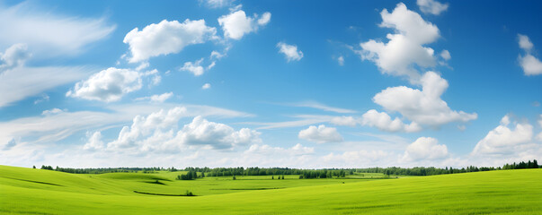 Panoramic natural landscape with green grass field blue sky