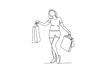A woman was carrying a lot of shopping bags. Black Friday one-line drawing