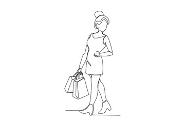 A promo shopping lady. Black Friday one-line drawing