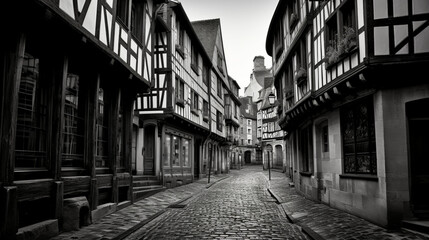 A beautiful hand drawing quick b&w sketch of a small street in the city of Rouen, France, with half-timbered houses 