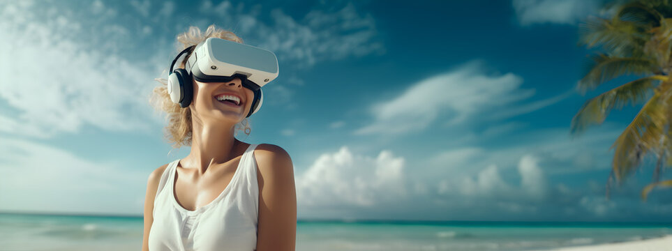 Une femme portant un casque VR sur la t&ecirc;te s'imagine sur une plage paradisiaque
