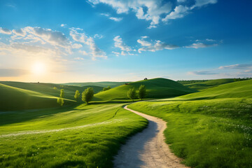 Obraz premium Picturesque winding path through a green grass field in hilly area in morning at dawn against blue sky with clouds. Natural panoramic spring summer landscape