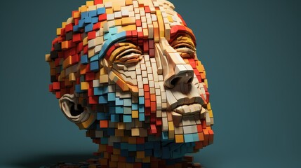 abstract voxel human head illustration face 3d, pixel cyborg, man design abstract voxel human head