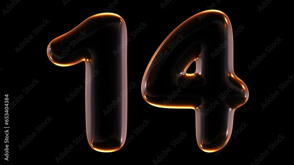 Poster seamless animation of glowing number 14 with light and reflections isolated on black background in 3