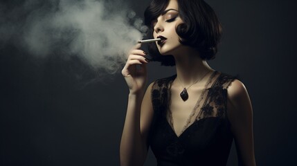 In a vintage cabaret setting, a beautiful woman, exuding retro elegance amidst the smoky background. 1920s fashion.