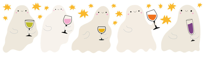 Vector illustration set with ghosts holding colorful wine and alcohol drink glasses. stars, character, graphic, celebration, wine, bar, drink, party, wineglass, set, collection, night, alcohol, vector - 653404904