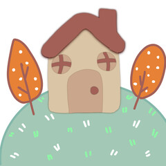 Hand drawn illustration of a small house in the middle of a mountain forest.