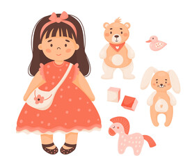 Children toys set. Cute girl in red dress doll, plush toys bear and rabbit, cubes, horse with duck. Vector illustration. Isolated items in cartoon style. kids collection.