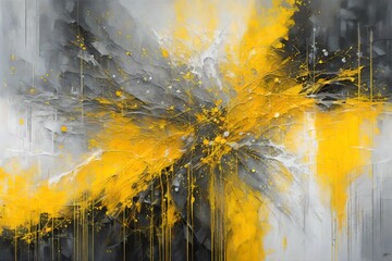 captivating Grey and Yellow Abstract Art Painting adorns the wall, an intricate dance of colors and...