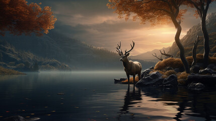 A mesmerizing scene unfolds as a deer, immersed in a tranquil lake, fixes its gaze upon a bird perched delicately on a distant tree branch across the water