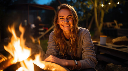 Portrait of a young smiling woman against the background of a bonfire