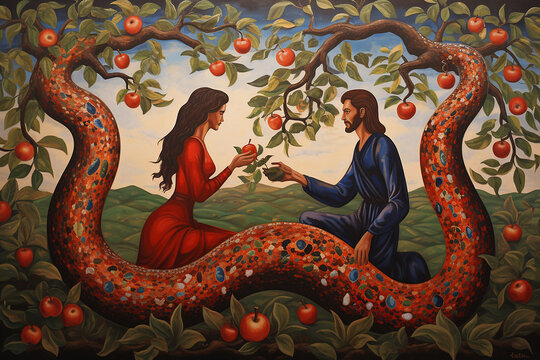 religious illustration of adam and eve with a snake under a tree with forbidden fruits, old icon style illustration, generative AI