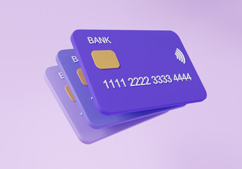 Purple credit or debit card floating on pastel background. shopping online payments concept. money transfer business financial transactions, minimal cartoon style. 3d render elements - obrazy, fototapety, plakaty