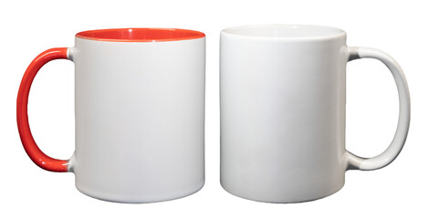 White ceramic cylindrical mug with red handle and close-up white handle, isolated on transparent background, clean for layout and design, lettering and images, set of 2 pieces.