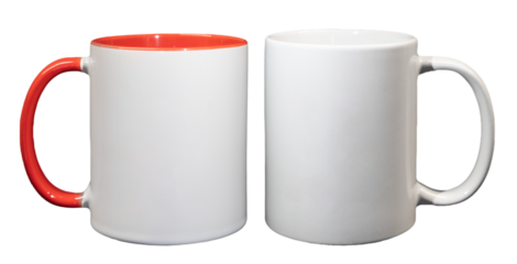White ceramic cylindrical mug with red handle and close-up white handle, isolated on transparent background, clean for layout and design, lettering and images, set of 2 pieces.