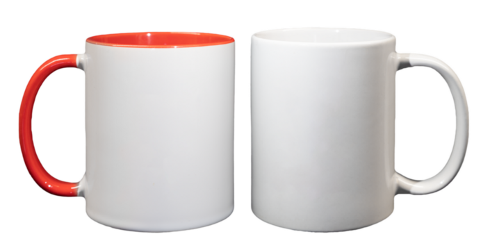 White ceramic cylindrical mug with red handle and close-up white handle, isolated on transparent background, clean for layout and design, lettering and images, set of 2 pieces.