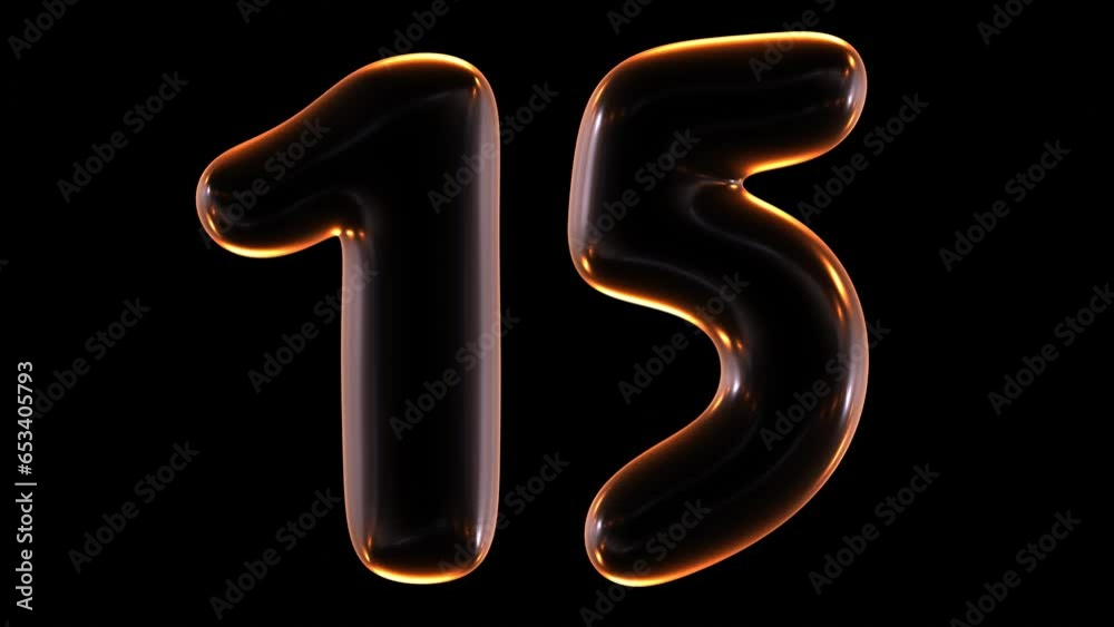 Poster seamless animation of glowing number 15 with light and reflections isolated on black background in 3