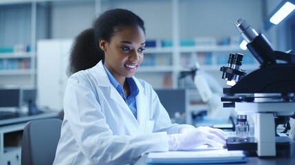 In a cutting-edge science lab, a dedicated medical researcher, a young African American woman, meticulously analyzes virus samples using advanced technology..