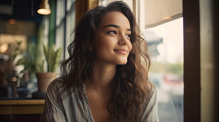 A beautiful woman sitting happily looking out of the window in a cafe. Concept freelance and financial freedom. Generative Ai - obrazy, fototapety, plakaty