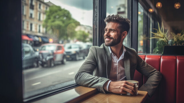 A handsome man sitting happily looking out of the window in a cafe. Concept freelance and financial freedom. Generative Ai