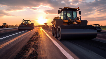 Asphalt, Road rollers working on the new road construction site. Generative Ai