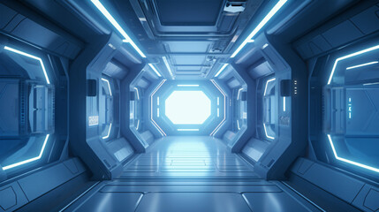 A 3D rendering of a spaceship's neon interior against a futuristic space station corridor..