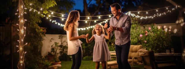 Happy family dancing on party at their home backyard