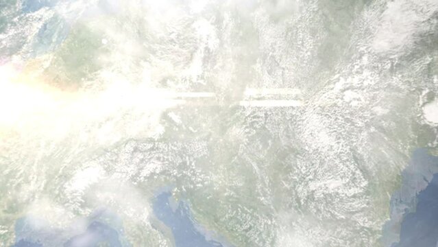 Earth zoom in from space and focus on Breclav, Czech Republic. 3D Animation. Background for travel intro.	