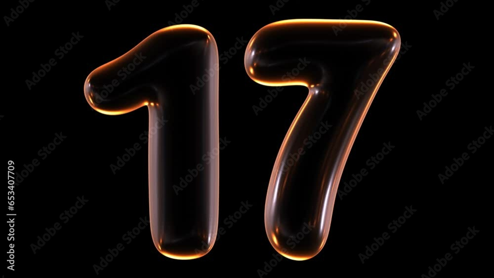 Poster seamless animation of glowing number 17 with light and reflections isolated on black background in 3