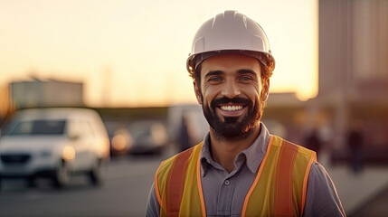 Happy engineer handsome man or architect standing at highway concrete road site. Generative Ai - Powered by Adobe