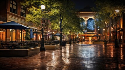essence of the city after dark, where the town square transforms into a luminous urban oasis