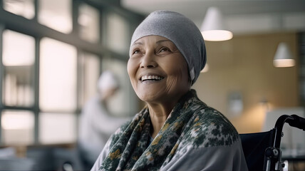 Happy senior female cancer patient wearing head scarf in wheelchair at hospital. Generative Ai