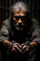 a man with a chain around his hands