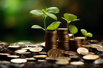 Green Globe with world map and stack of silver coins the seedlings are growing on top. Concept of Green business, finance and sustainability investment. Carbon credit. money saving investment. - obrazy, fototapety, plakaty