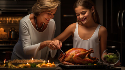 Mother teaches her kid how to cook a Thanksgiving turkey