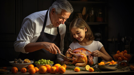 Man teaches his grandkid how to cook a Thanksgiving turkey - obrazy, fototapety, plakaty