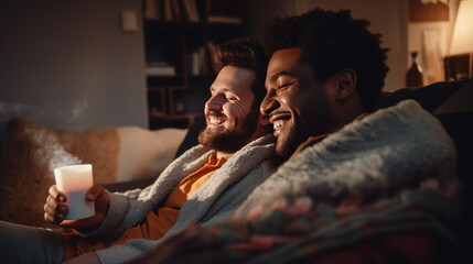 Couple of homosexual men sit on the couch at home and cuddle smiling - obrazy, fototapety, plakaty