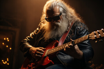 Rocking Santa Claus Playing Guitar in a Christmas Background
