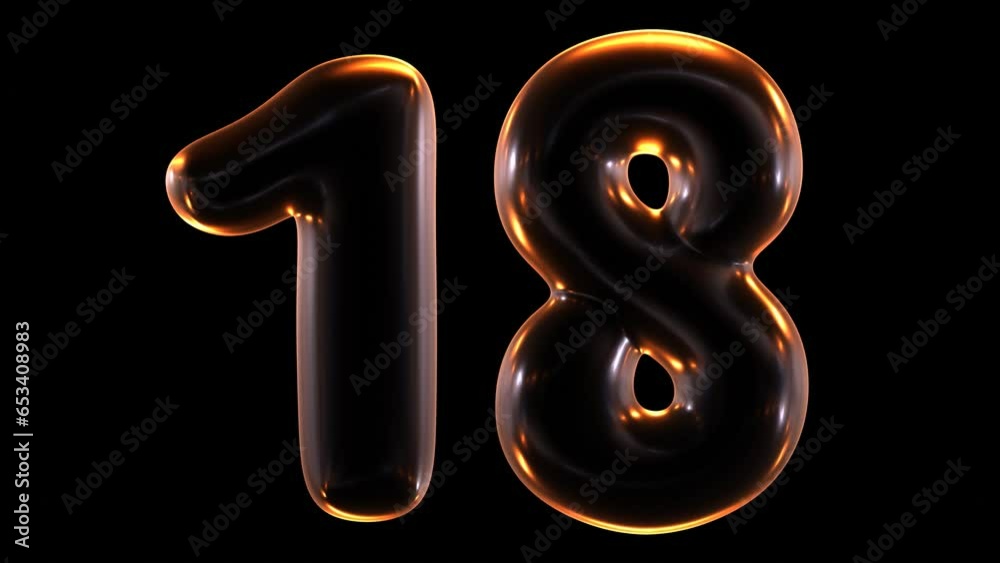 Poster seamless animation of glowing number 18 with light and reflections isolated on black background in 3