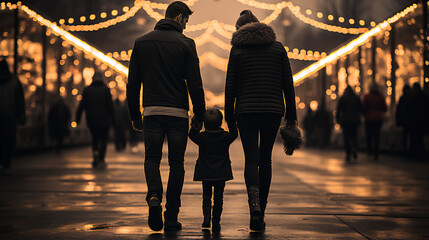 Family visits the winter fair - carnival - night - lights - Christmas - festive - holiday  - obrazy, fototapety, plakaty