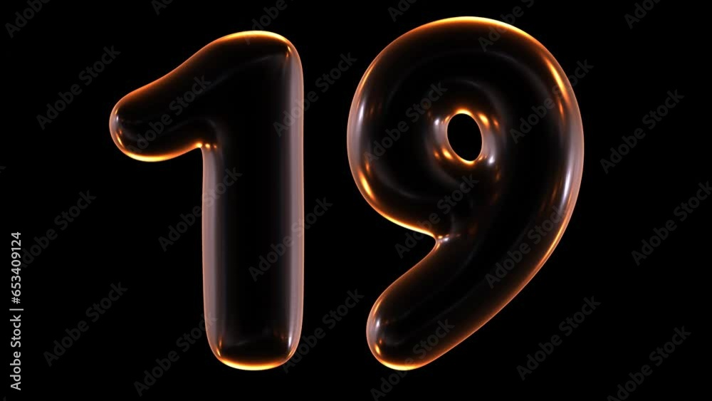 Poster seamless animation of glowing number 19 with light and reflections isolated on black background in 3