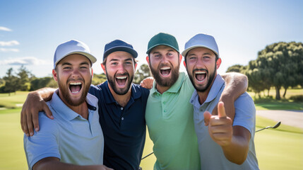 Group of happy friends playing golf on the course - obrazy, fototapety, plakaty