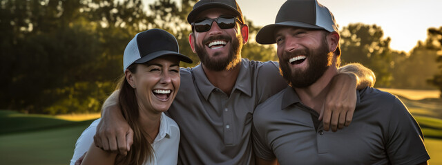 Group of happy friends playing golf on the course