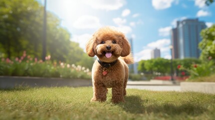 lively interaction of a Toy Poodle in an urban park setting, celebrating city pet life