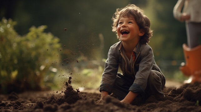 Realistic photography, professional color graded, 8K, F2.4, 35mm child, playing, dirt, laughter, innocence, discovery