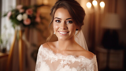 Naklejka premium Portrait of Happy beautiful bride in the wedding day. Generative Ai