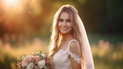 Fototapeta na wymiar Portrait of Happy beautiful bride in the wedding day. Generative Ai